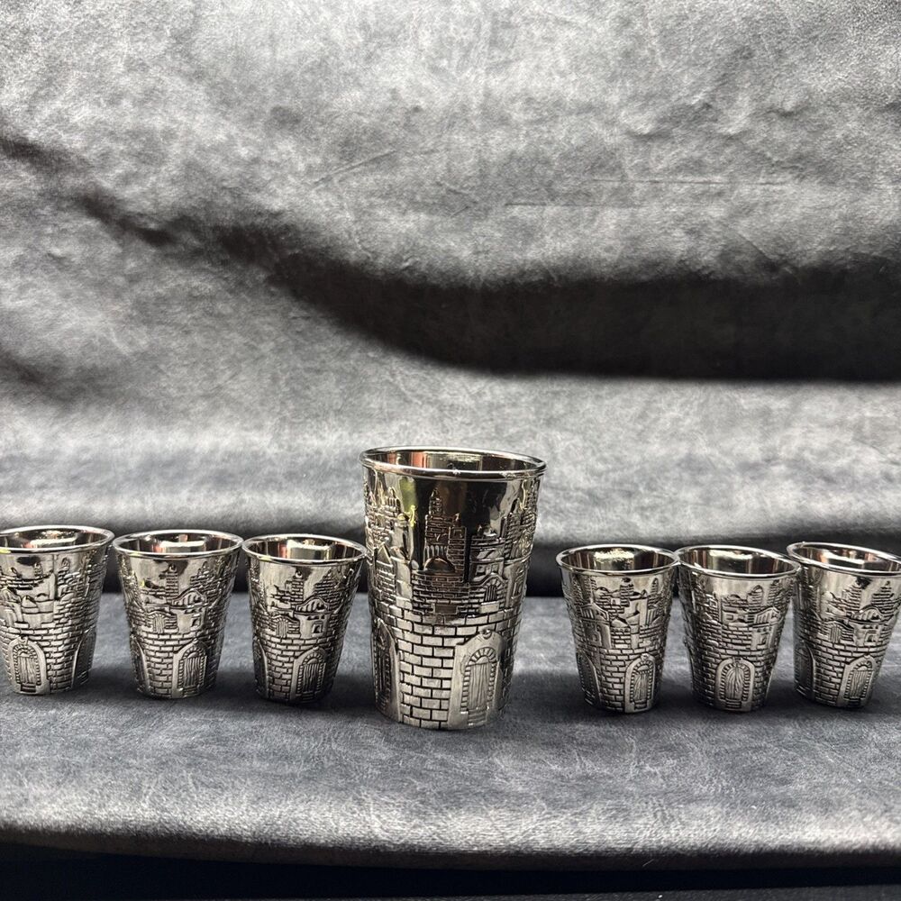 Karshi Jerusalem Motif Kiddush Fountain Cup & 6 Small Cups